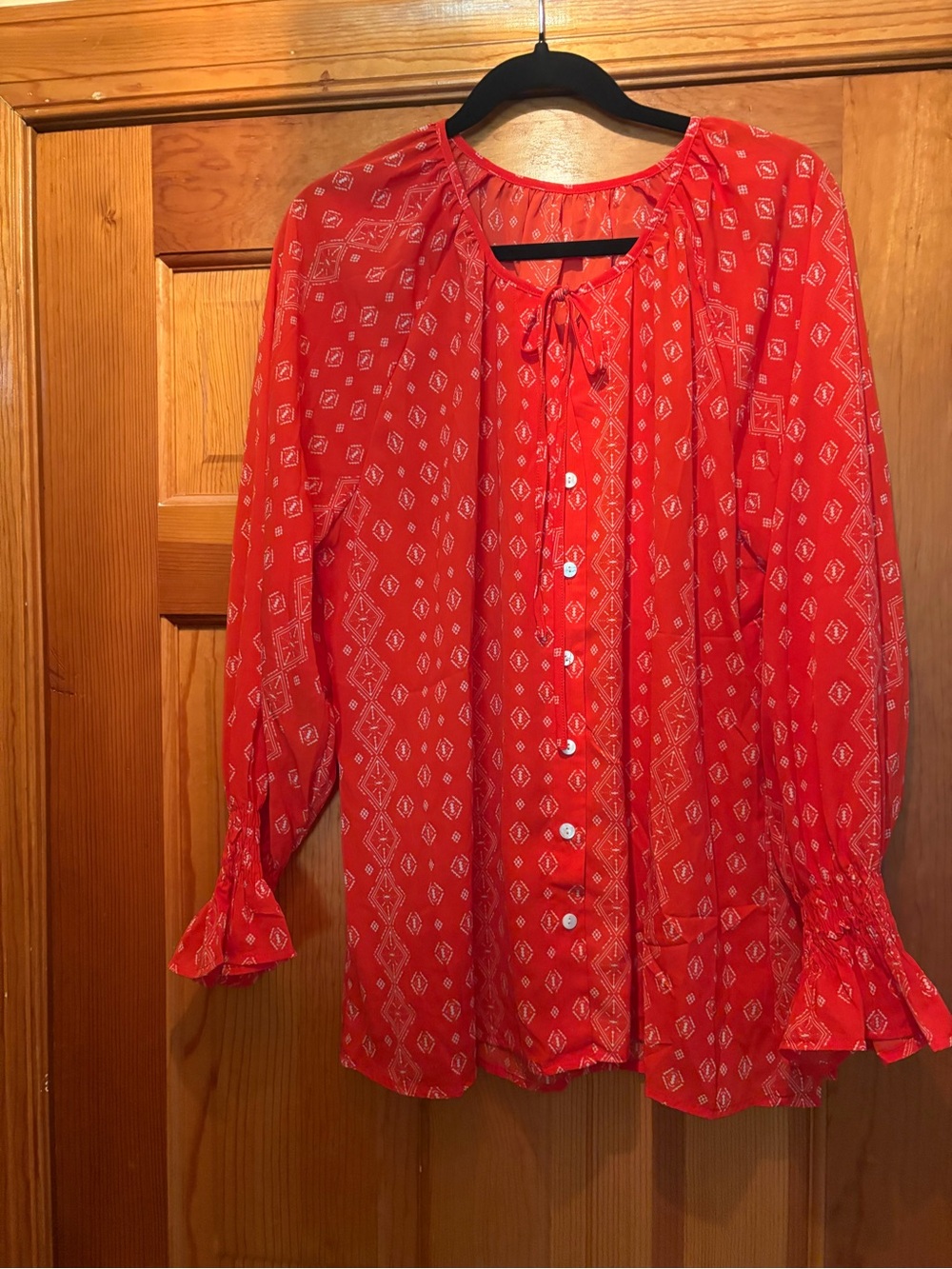 Red Printed Tie-Neck Button Front Blouse with Ruffle Cuffs